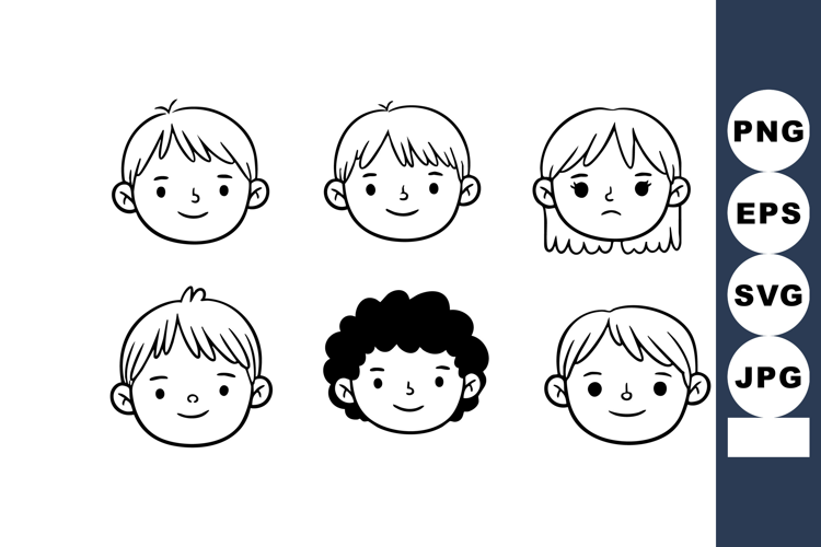 Children face line drawings with different hairstyles and ex