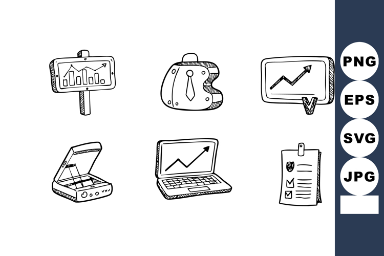 Business and finance icons with charts, laptop, checklist, a