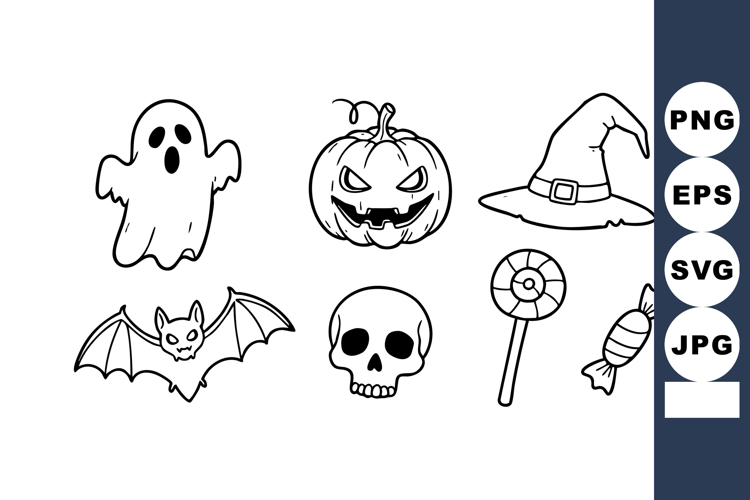 Halloween spooky icons pumpkin ghost skull bat witch hat can