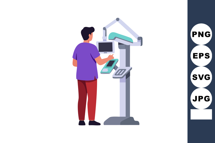 Male technician operating medical imaging equipment in healt