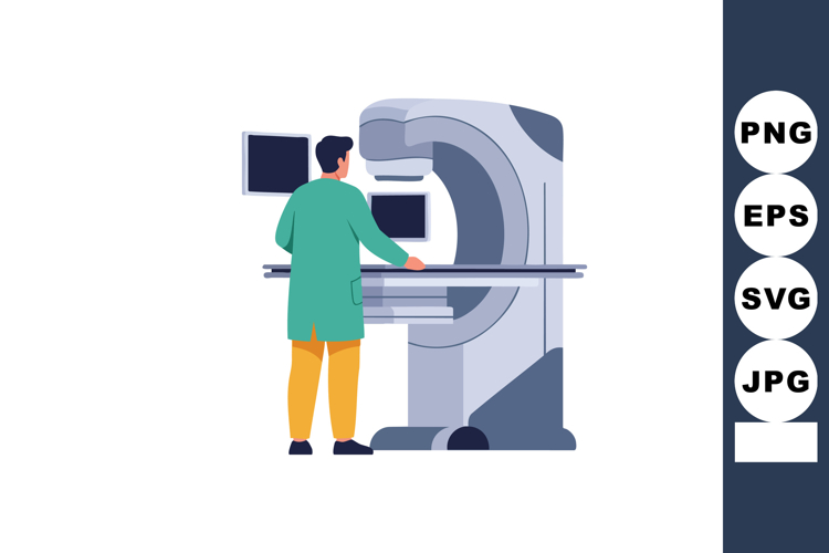Medical technician operating MRI scanner in hospital diagnos