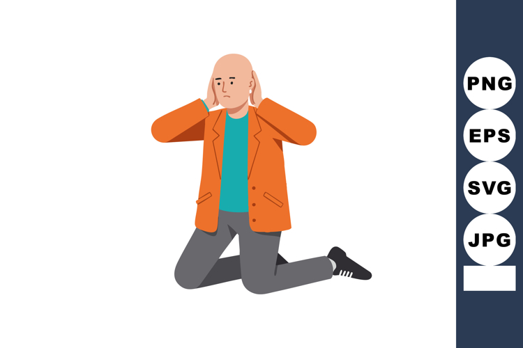 Man covering ears in frustration wearing orange jacket and t