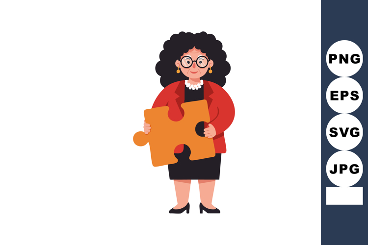 Woman holding orange puzzle piece in black dress and red jac