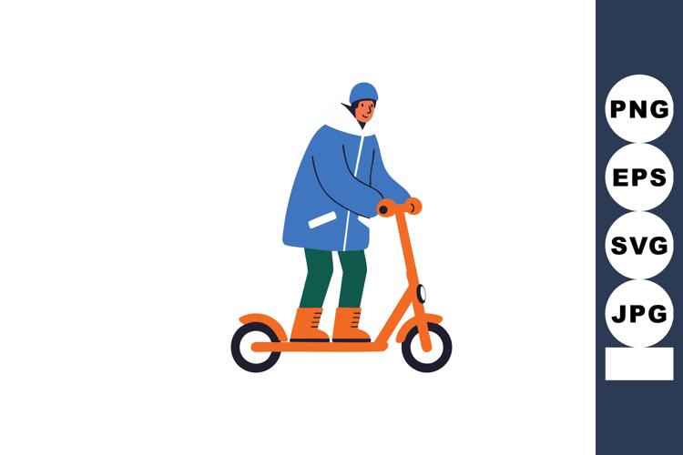 Person riding orange electric scooter wearing blue jacket an