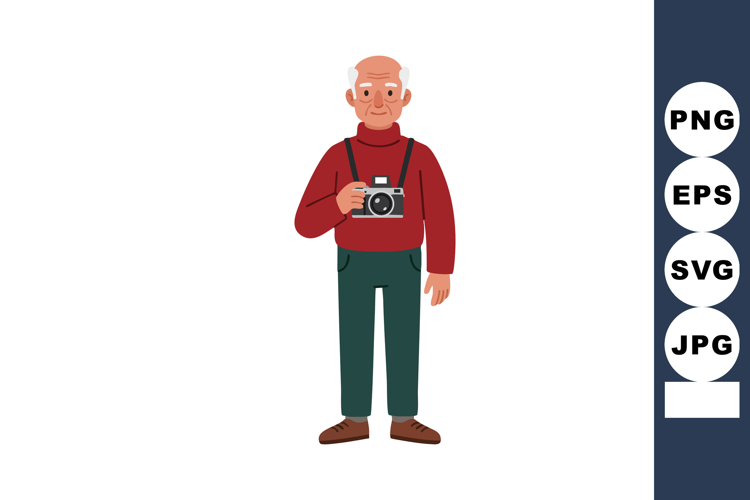 Elderly man holding camera in red sweater and green pants ve