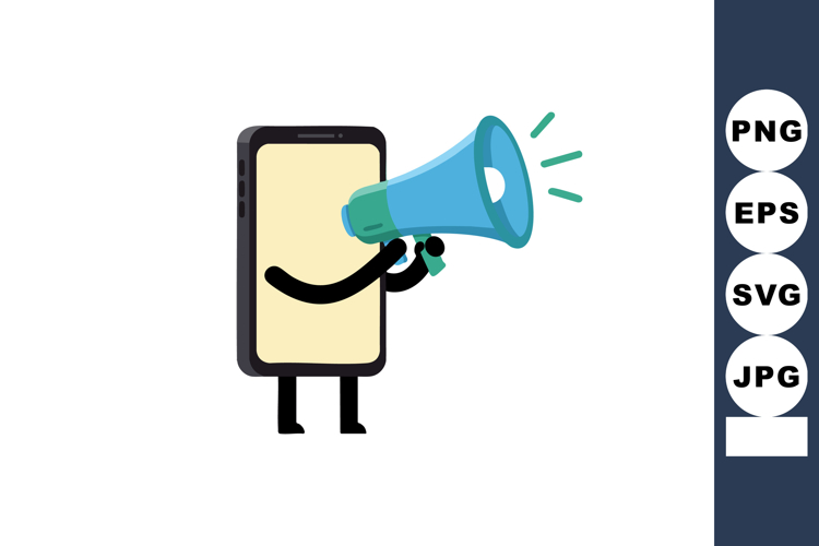 Smartphone character holding megaphone announcing message ve