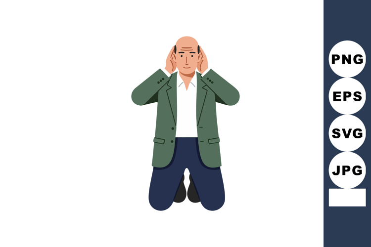 Bald man in green jacket kneeling and covering ears vector i