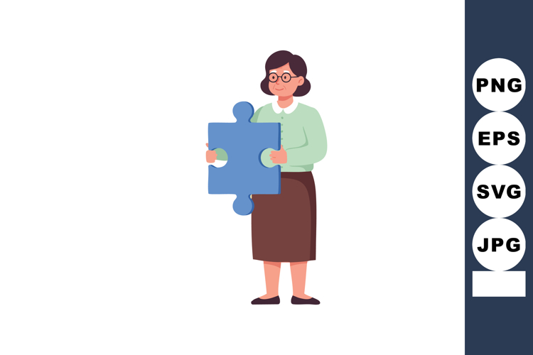 Woman holding large blue puzzle piece vector illustration in