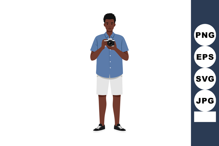 Young man holding camera wearing blue shirt and white shorts