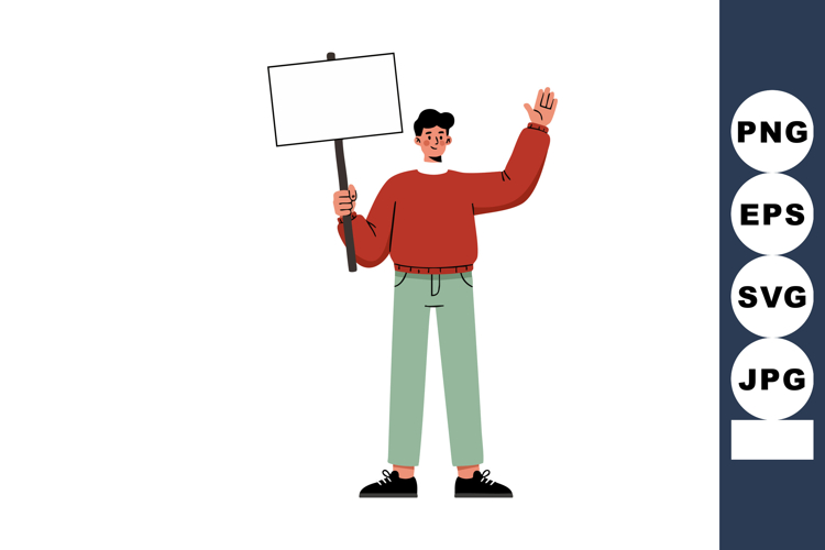 Young man holding blank sign waving hand casual clothing vec