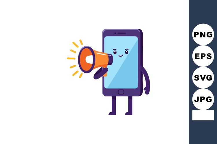 Cartoon smartphone character holding orange megaphone announ