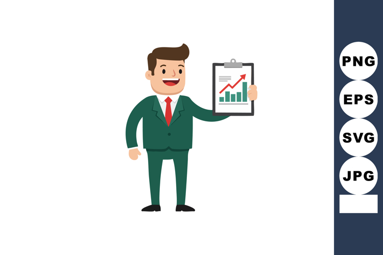 Businessman in green suit holding clipboard with rising grap