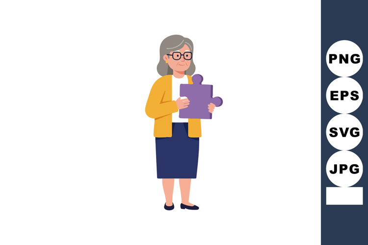 Elderly Woman Holding Purple Puzzle Piece Vector Illustratio