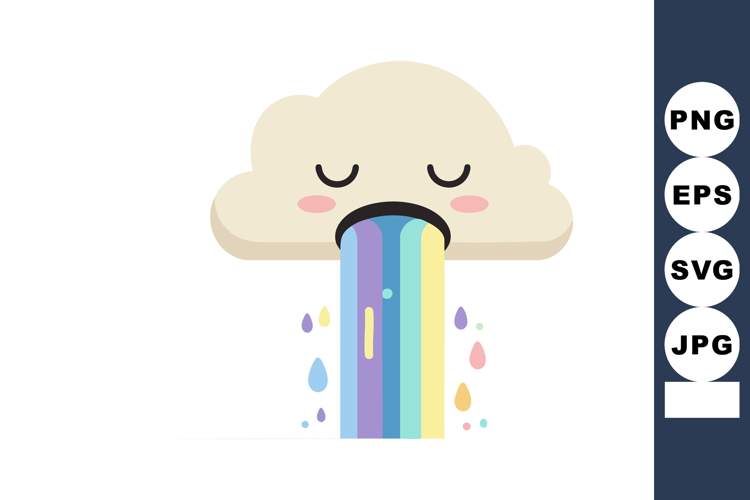 Cloud with closed eyes vomiting rainbow drops vector illustr