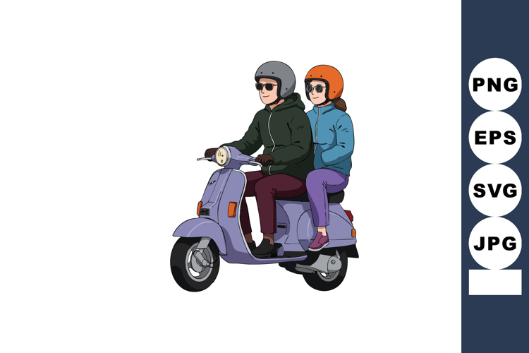 Couple riding vintage scooter wearing helmets in casual clot
