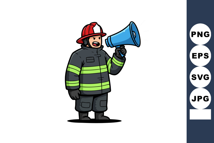 Firefighter in protective gear using blue megaphone illustra