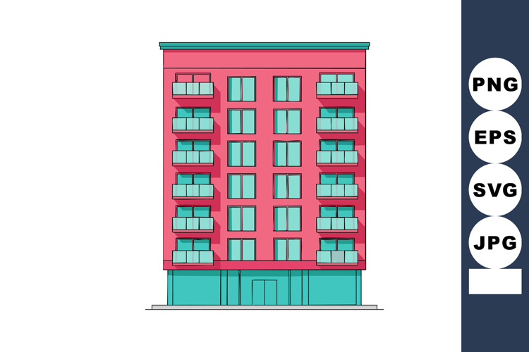 Modern residential building with turquoise balconies and pin