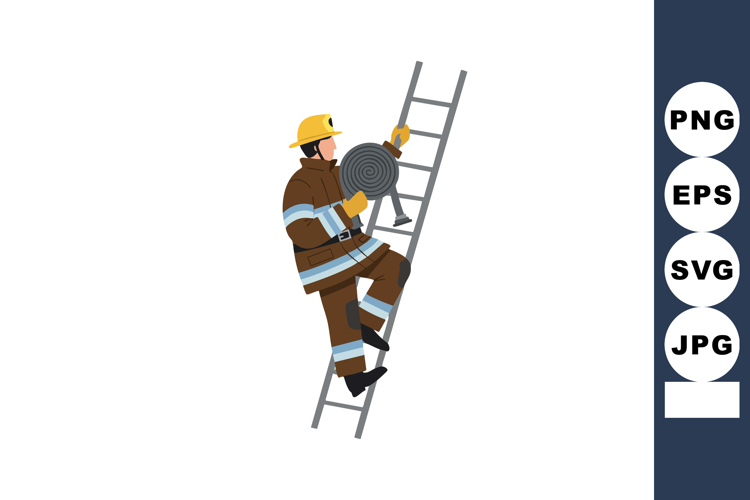 Firefighter climbing ladder with rolled hose in safety gear