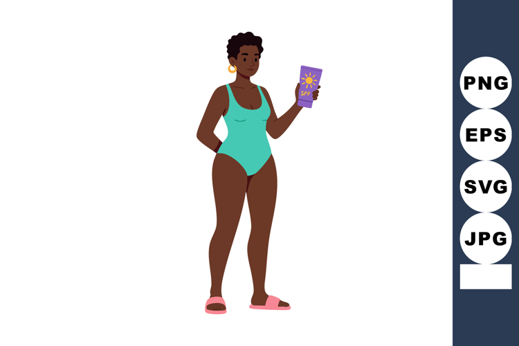 Woman in turquoise swimsuit holding sunscreen bottle summer