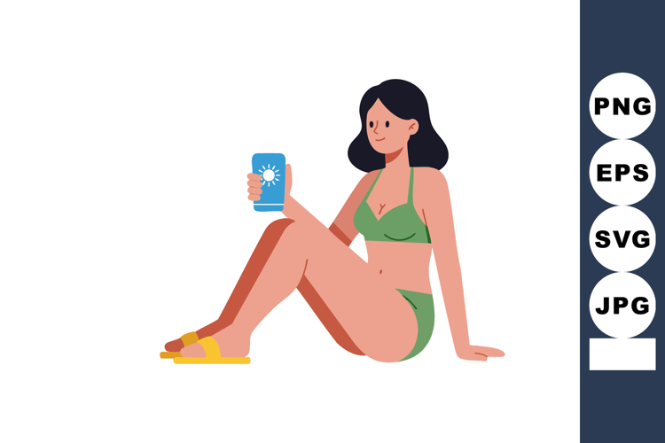 Woman in green bikini relaxing with sunblock lotion in hand