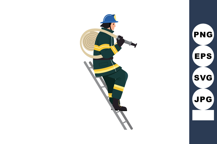 Firefighter climbing ladder carrying hose wearing protective