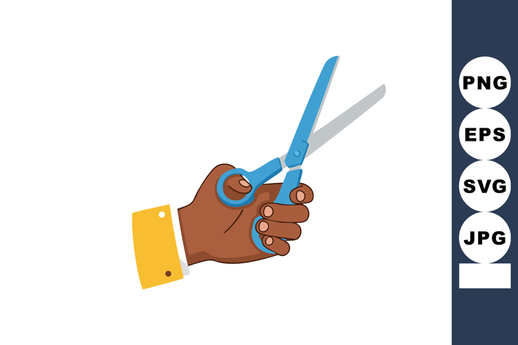 Hand Holding Blue Scissors Cutting Object with Yellow Sleeve
