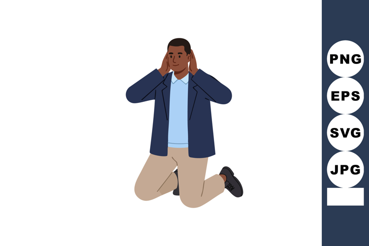 Man covering ears while kneeling on floor in casual outfit v