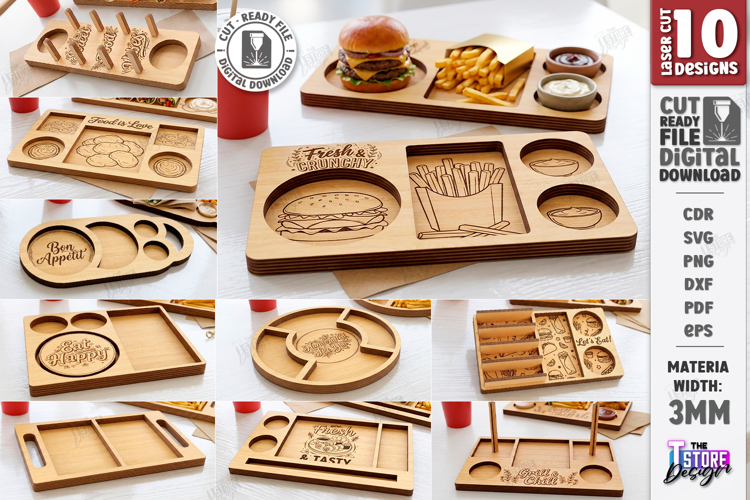 Fast Food Serving Trays Laser Cut Bundle | Serving Board SVG