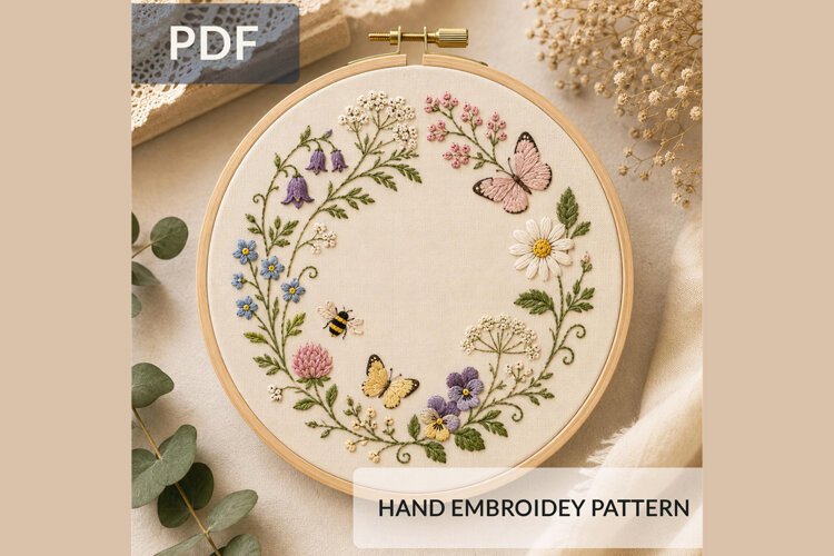 Wildflower Butterfly Wreath Embroidery Pattern PDF, Floral example image 1