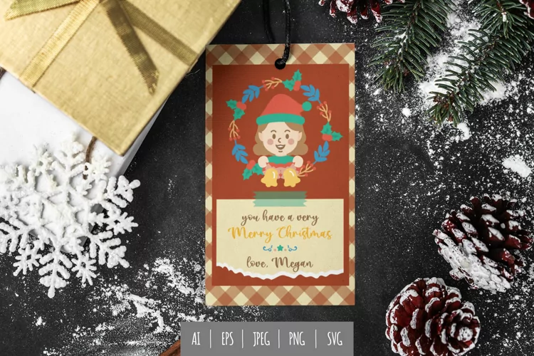 Cute Elf Girl in Christmas Wreath for Gift Tags