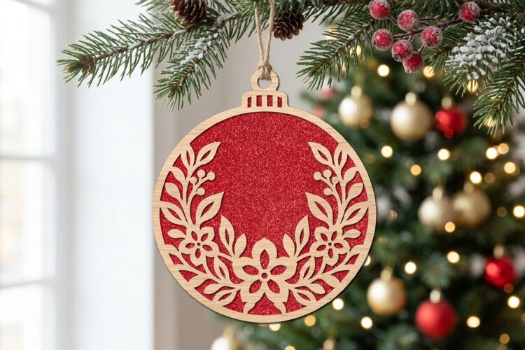 Wreath Christmas Ornament SVG Laser Cut Wood Decoration example image 1
