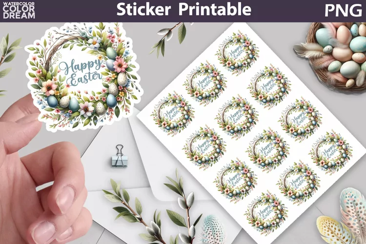 Easter Wreath Sticker | Happy Easter Sticker Printable