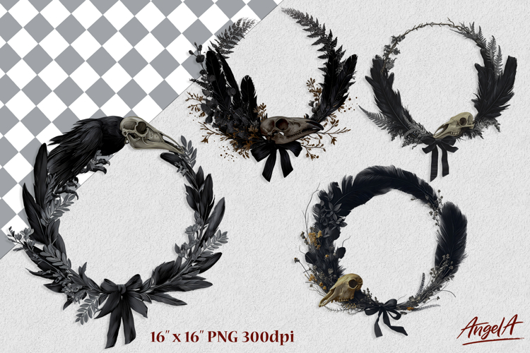 Gothic floral wreath clipart, Raven skull, round door sign