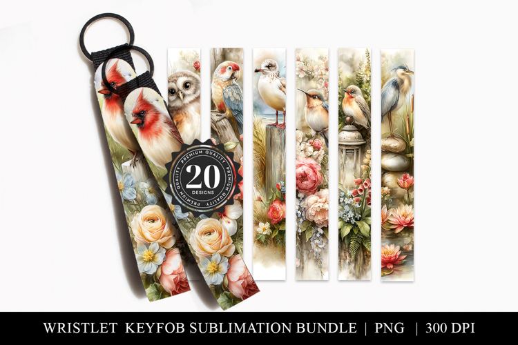 20 Watercolor Bird Keychain Wristlet Sublimation Designs