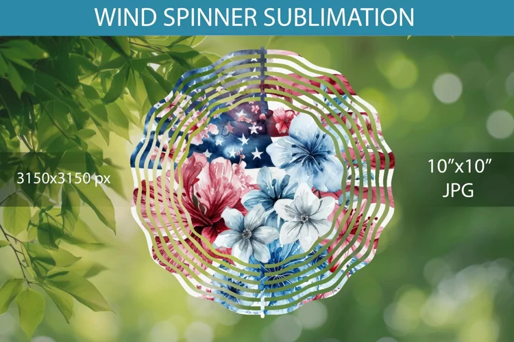 Watercolor 4th July Flowers and American Flag Wind Spinner