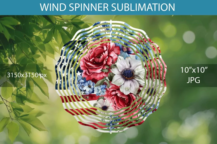 Watercolor 4th July Flowers and American Flag Wind Spinner