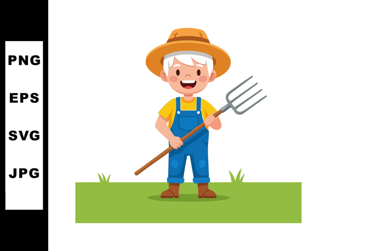Young boy farmer holding pitchfork in field vector illustrat example image 1
