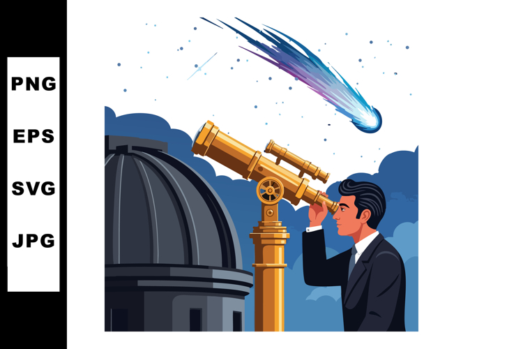 Man Using Telescope Observing Comet in Night Sky with Observ