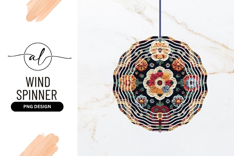 Colorful Floral Pattern on Black Background Wind Spinner