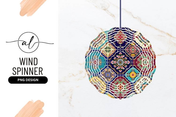 Colorful Floral Tile Pattern Wind Spinner Round PNG