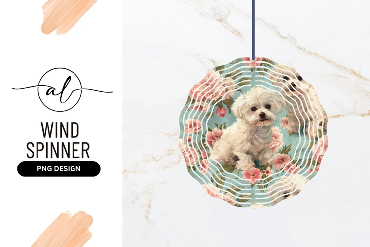Round wind spinner with floral maltese dog design