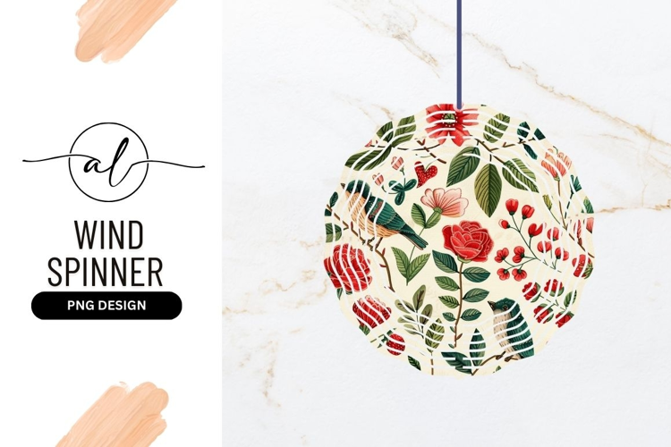 Round wind spinner with floral and bird design