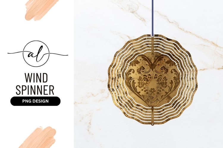Golden Heart Filigree Design Wind Spinner Round Png