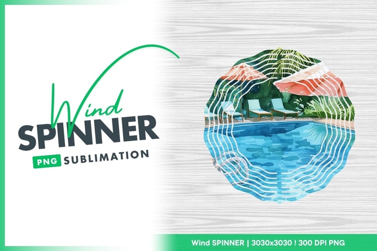 Watercolor Pool Scene with Umbrellas Lounge Wind Spinner