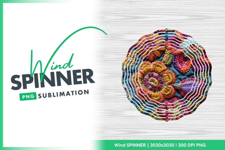 Colorful Embroidered Flowers on Teal Fabric Wind Spinner