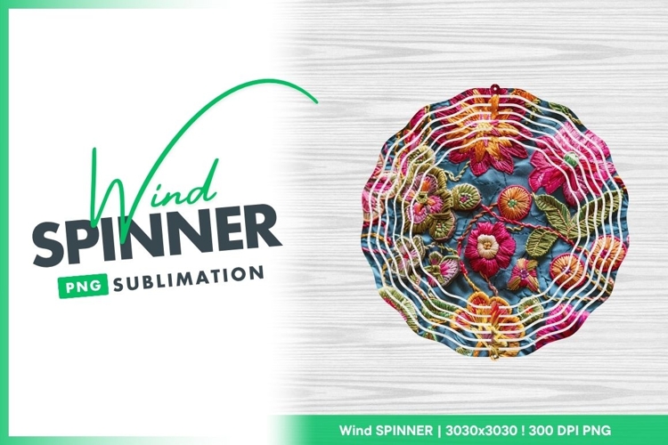Embroidered Floral Pattern in Teal with Pink Wind Spinner