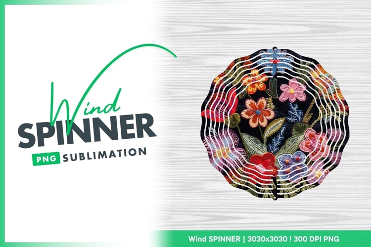 Embroidered Floral Arrangement on Black Wind Spinner