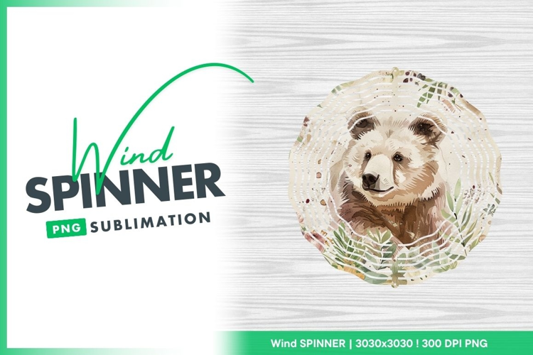 Watercolor bear portrait surrounded by floral wind spinner