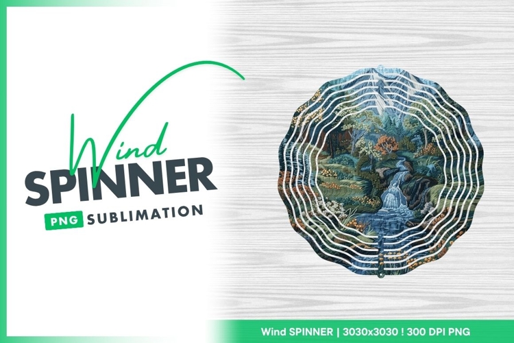 Embroidered landscape with waterfall and wind spinner