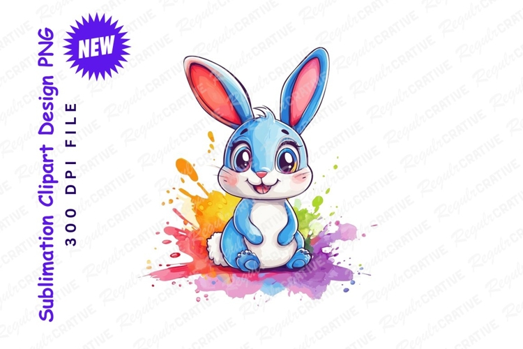 Cute Cartoon Bunny With Watercolor Splash Background PNG